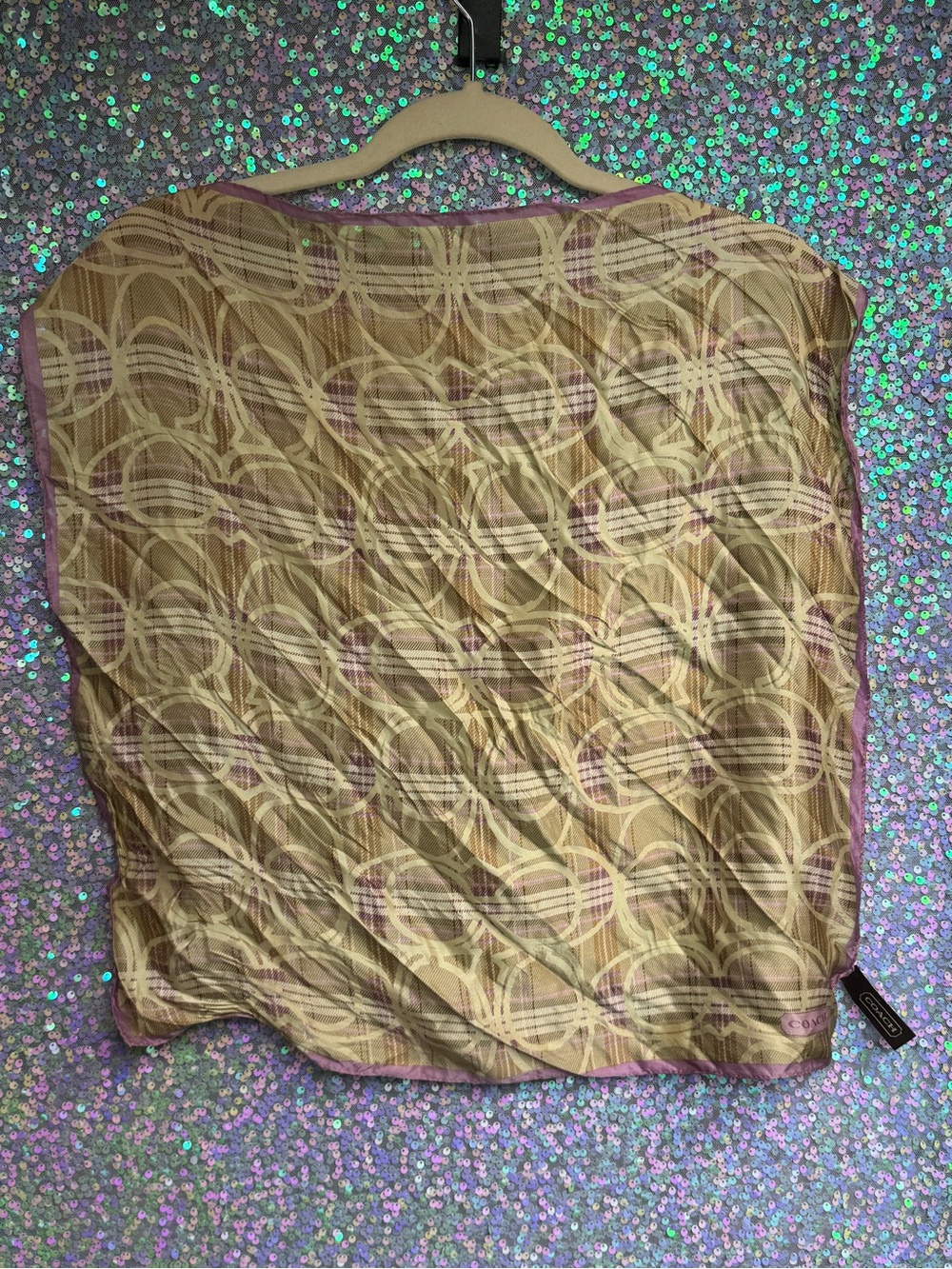 Coach Beige and Lilac Signature Monogram Logo Silk Scarf